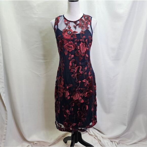 Donna Ricco Blue and Red Floral Embroidered Sheath Dress Size 8 - Picture 1 of 12